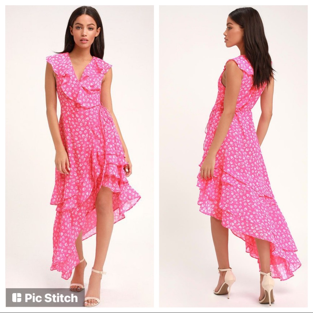 Lulus Cornelia Pink Floral Ruffled Wrap Midi Dress